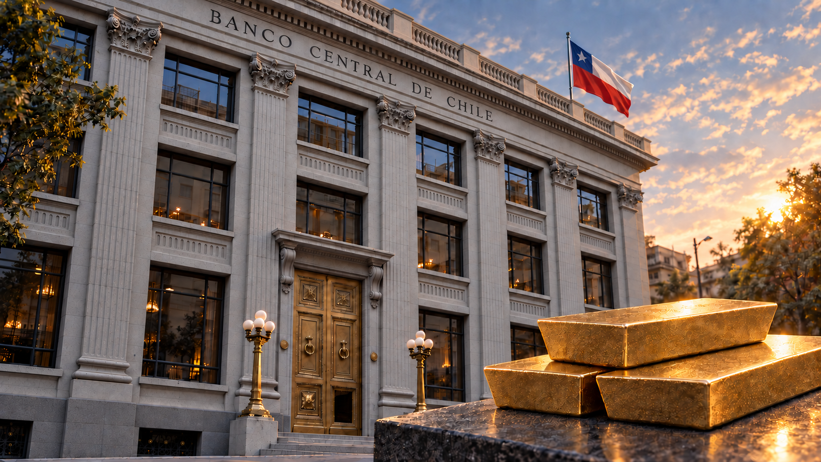 Fachada del Banco Central de Chile al atardecer, con la bandera chilena y lingotes de oro en primer plano.