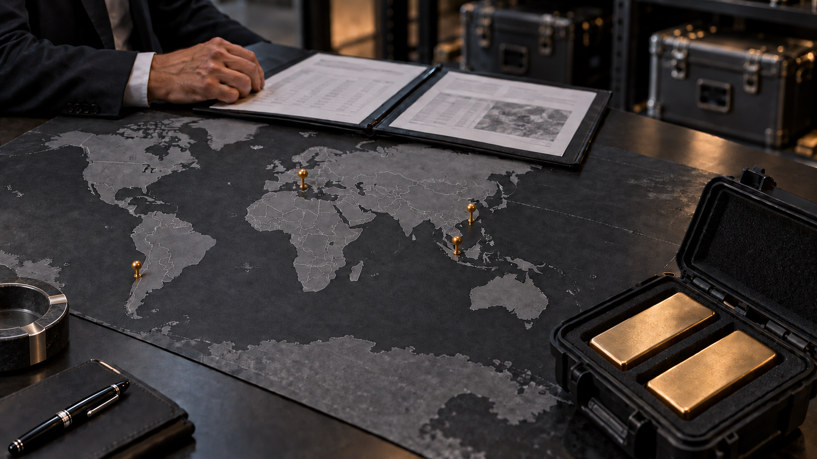 Mapa mundial con marcadores sobre una mesa, junto a un estuche con dos lingotes de oro y documentos de custodia.