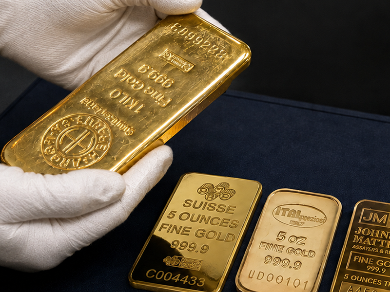 Lingotes y barras de oro certificadas junto a monedas de inversión sobre paño oscuro